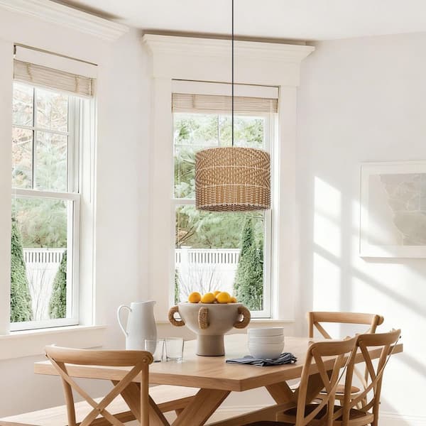 1-Light Natural Brown Hand-Woven Pendant Light with Drum Shape, No Bulbs Included 12in.