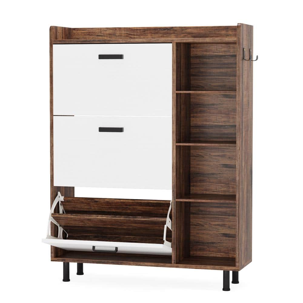 Walnut & Gray Modern Shoe Cabinet with 5 Shelves 2 Drawers 2 Doors