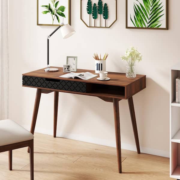 Brown 42.5 in. Mid-Century Modern Computer Desk w/ Drawer & Open Compartment Rubber Wood Legs