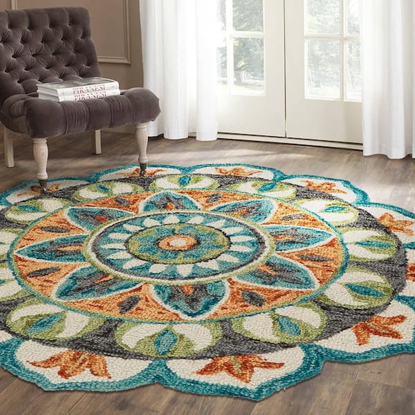 Daliah Rust/Teal 6 ft. Round Classic Hand-Tufted Floral Wool