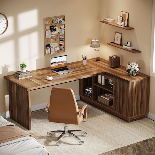 70.8 in. Light Walnut L-Shaped Wood Executive Desk with File Cabinet, Computer Desk with Storage Shelves for Home Office