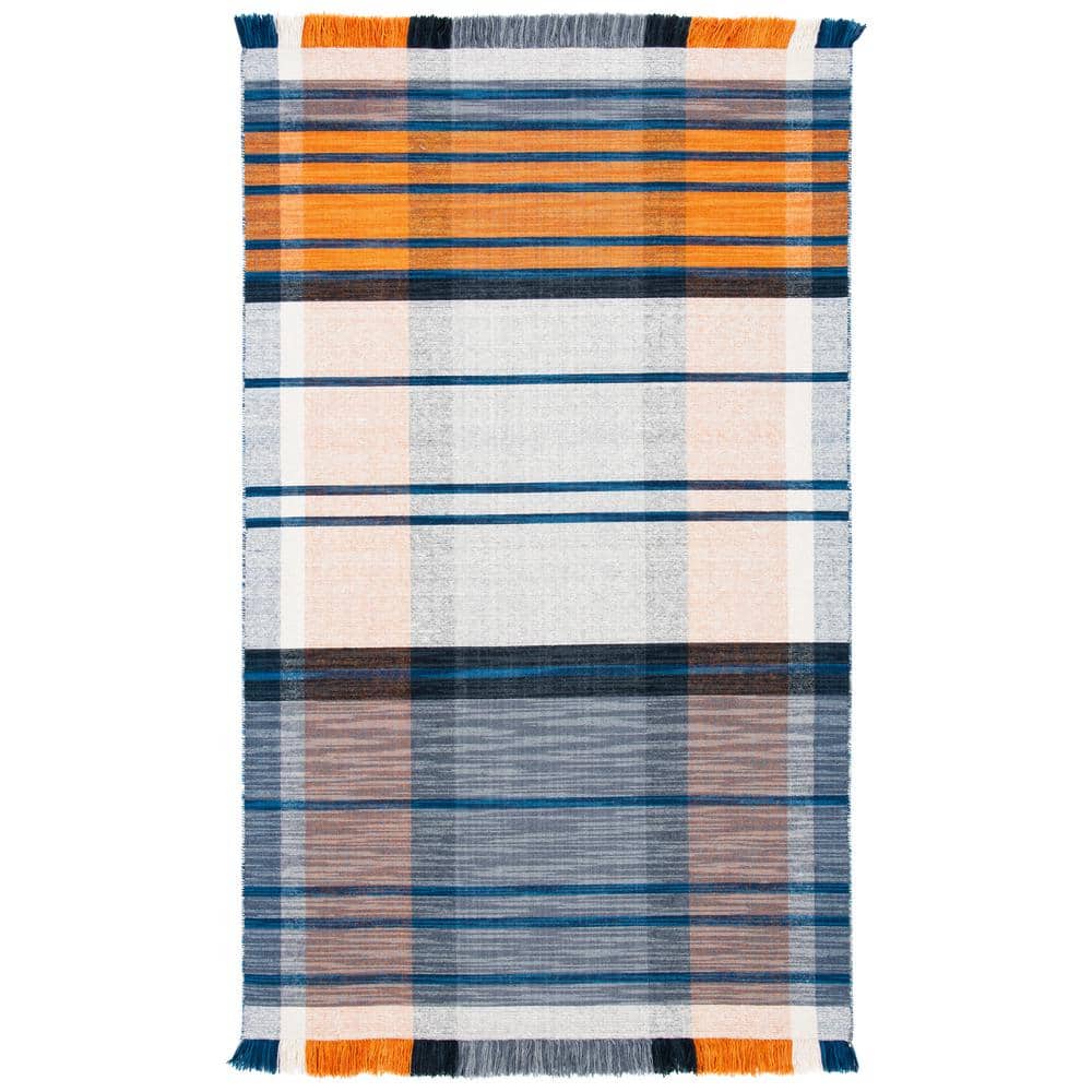 Blue and Orange Striped Wool Kilim Area Rug 3' x 5'