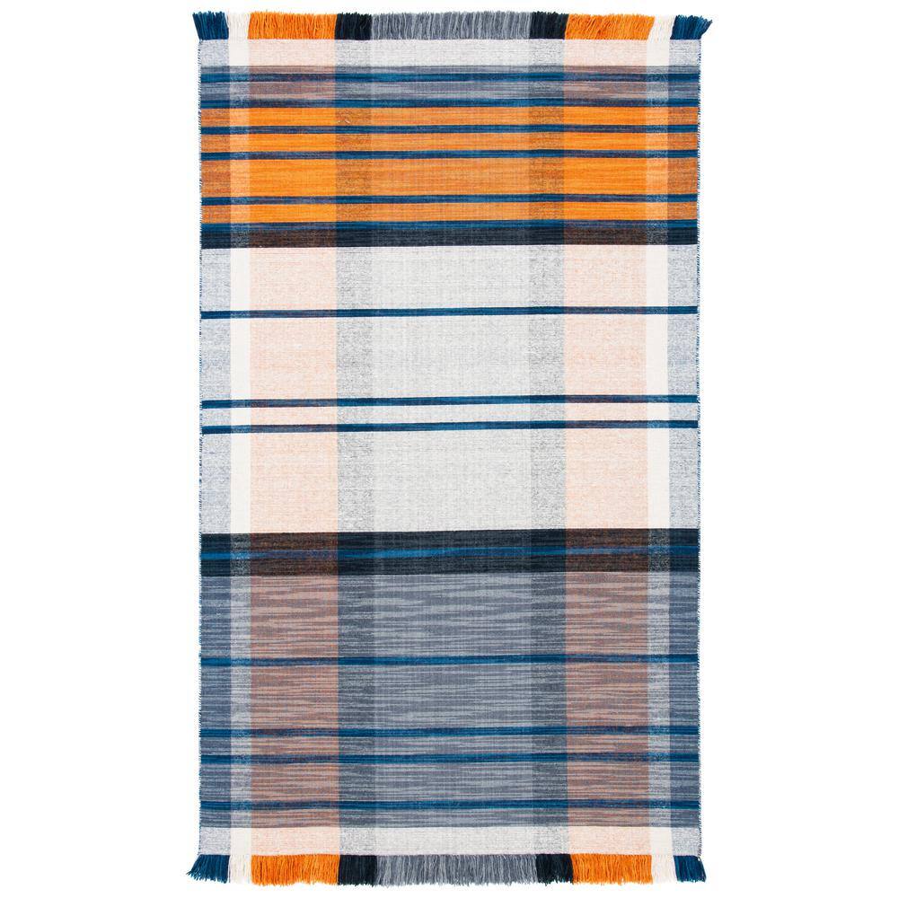 Blue and Orange Striped Wool Flatweave 6' x 9' Area Rug