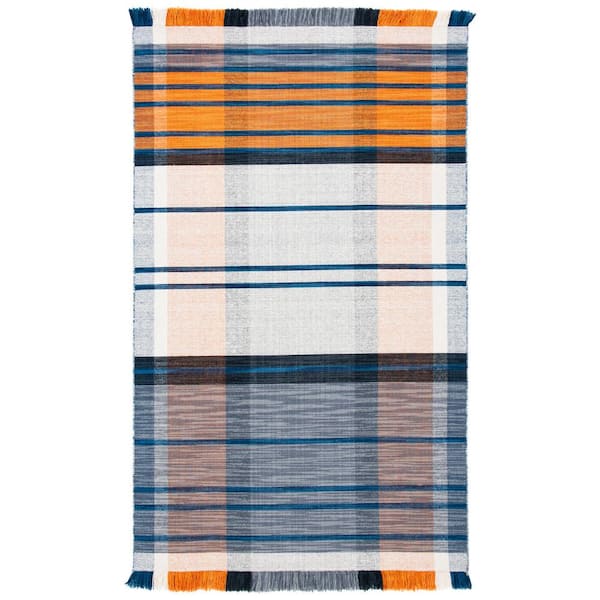 Striped Kilim Orange Blue 9 ft. x 12 ft. Plaid Striped Area Rug