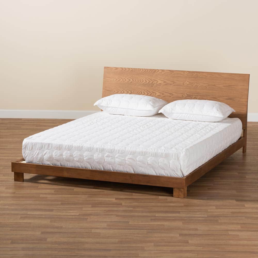 Haines Medium Walnut Wood Queen Platform Bed with Slats