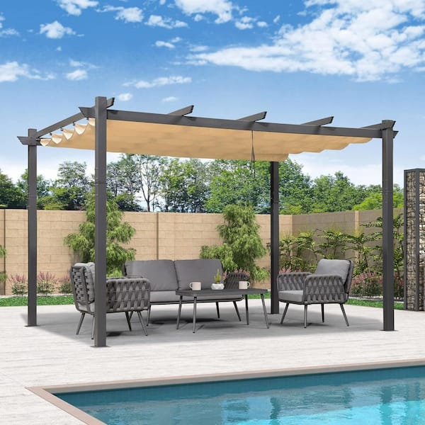 PURPLE LEAF 11 ft. x 13 ft. Beige Outdoor Retractable Against The Wall with Shade Canopy Modern Yard Metal Grape Trellis Pergola