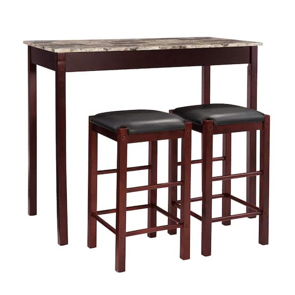 3 Piece Marble Table Stool Pub Bar Set Wood Chairs 42" x 22" x 36" Home Bistro 