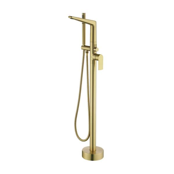 1-Handle Freestanding Tub Faucet with Hand Shower Brass Single Hole Floor Mounted Tub Fillers in Brushed Gold