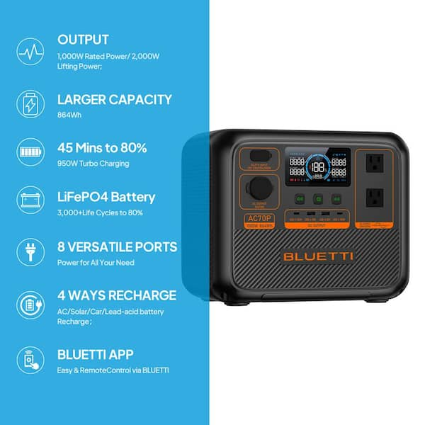 1000-Watt Continuous/2000W Peak Output Power Station AC70P Push Button Start LiFePO4 Battery Solar Generator for Outdoor