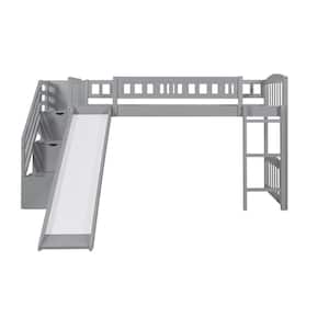 Gray Stairway Twin Size Loft Bed with Two Drawers and Slide