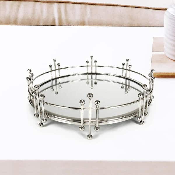LIVING LUXURY Radiant 12 in. Silver Round Metal Mirror Decorative Tray
