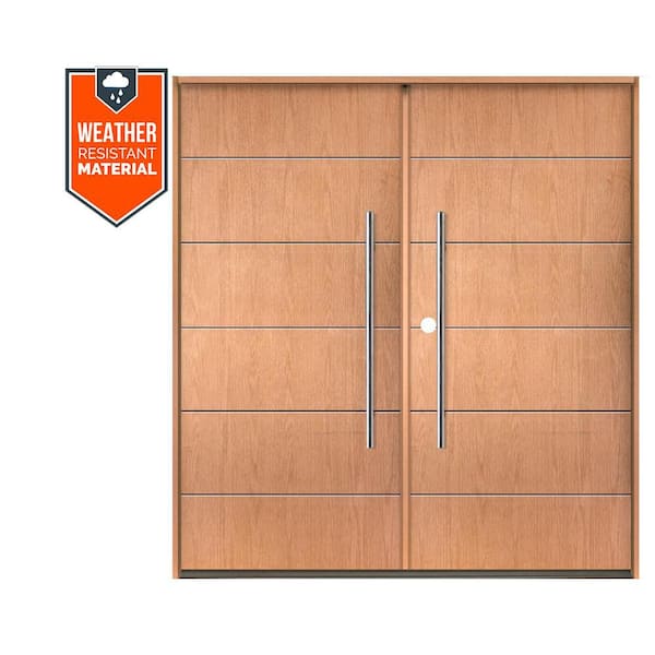 Krosswood Doors TETON Modern Faux Pivot 72 in. x 79 in. Right-Active/Inswing Solid Panel Teak Stain Double Fiberglass Prehung Front Door