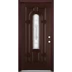 36 in. x 80 in. Providence Center Arch Merlot Left-Hand Stained Textured Fiberglass Prehung Front Door with Brickmold