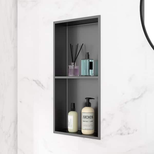 AKDY 12 in. W x 24 in. H x 4 in. D 18-Gauge Stainless Steel Double Shelf Bathroom Shower Wall NICHE in Matte Black