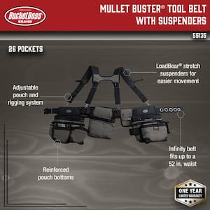 3-Bag Mullet Buster Adjustable Tool Belt Tool Storage Suspension Rig with Suspenders and 29-Pockets in Grey