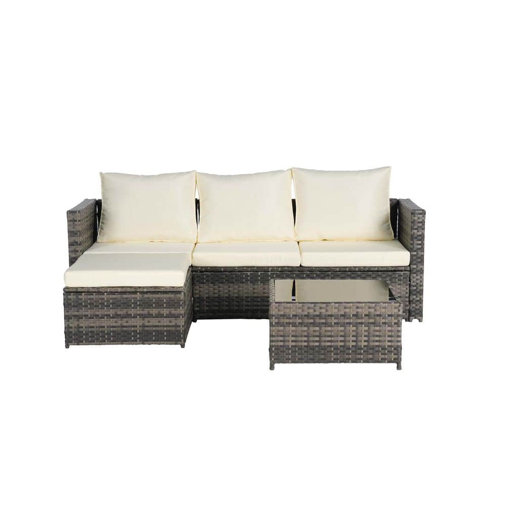 3-Pieces Wicker Patio Conversation Set, L-Shaped Furniture Set with Beige C