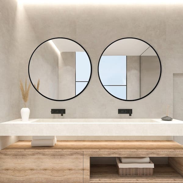 24 in. W x 24 in. H Black Vanity Round Wall Mirror Aluminium Alloy Frame Bathroom Mirror (2-Pieces)
