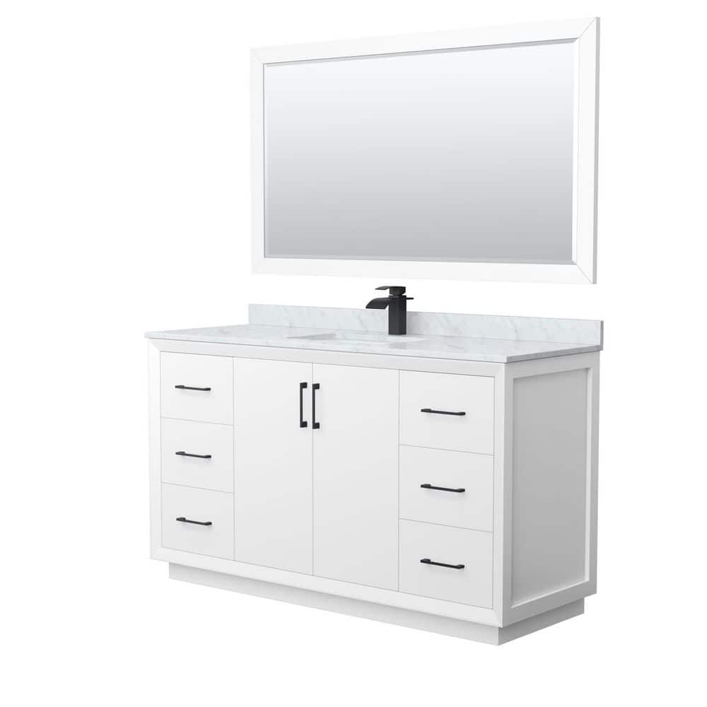 Wyndham Collection Strada 60 in. W x 22 in. D x 35 in. H Single Bath Vanity in White with White Carrara Marble Top and 58"" Mirror, White with Matte Black Trim -  WCF414160SWBCMUNSM58