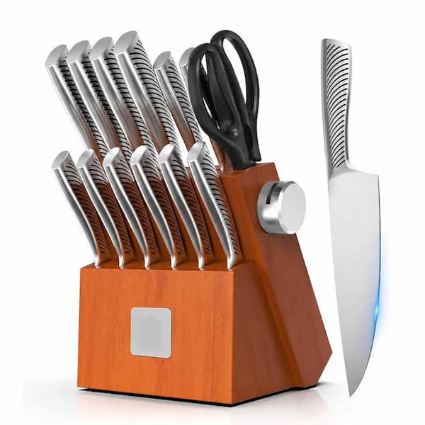 15-Piece High Carbon Stainless Steel Knife Set with Wooden Block and Sharpener for Home Cooking