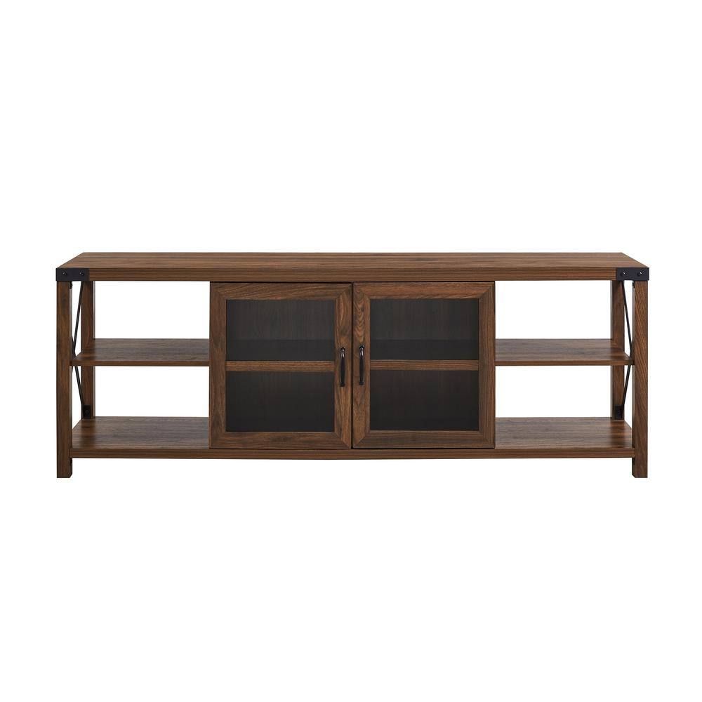 Welwick Designs 70 In. Dark Walnut Wood And Glass Door Farmhouse Metal-X TV Stand (Max Tv Size ...