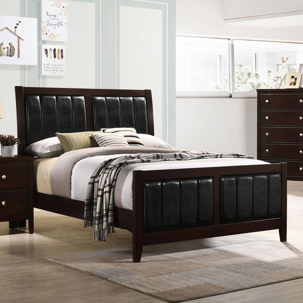 Transitional Full/Double Upholstered Bed with Drawer and Nailhead Trim in Black/Brown