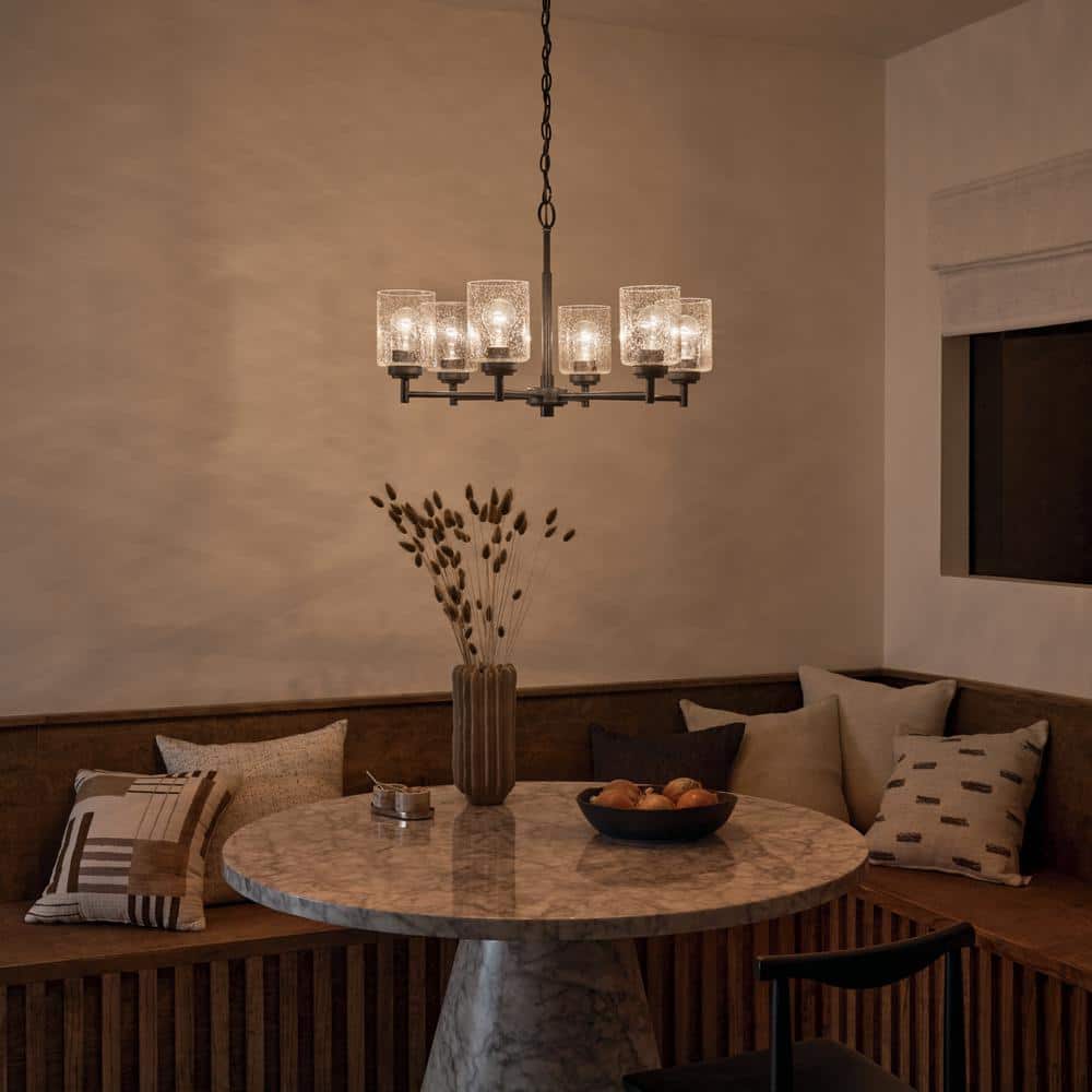 Bronze 6-Light Chandelier with Clear Seeded Glass Shades