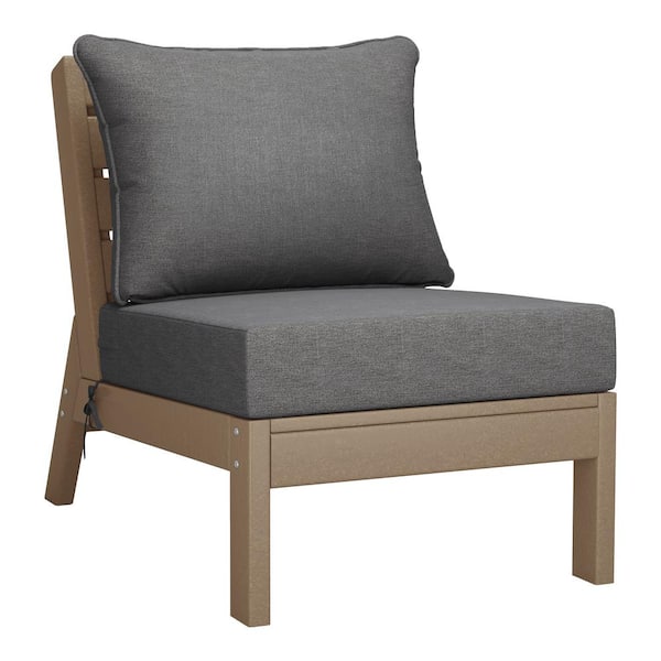 Birchwood Outdoor Patio Deep Seating HDPE Armless Lounge Chair in Weathered Wood with Grey Cushions