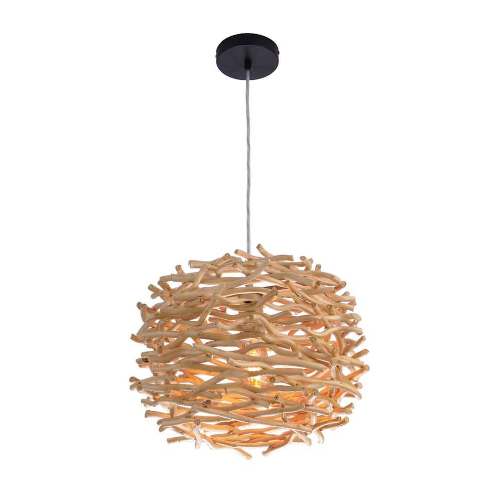 Natural Wood and Iron Indoor/Outdoor Pendant Light