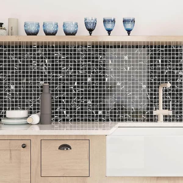 Vigoro 12 in. x 12 in. Polished Black Nero Marquina Marble Mosaic Wall and Floor Tile (5 sq. ft./case) - 5 pack