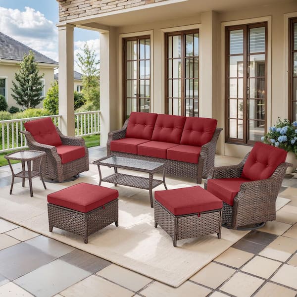 Modern Farmhouse 7-Piece Brown Wicker Patio Conversation Set with 6 In. Red Cushions/Patio Ottoman with Swivel Chairs