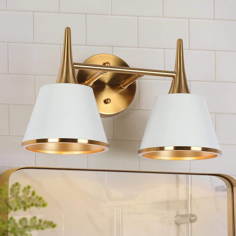 Phapri Modern 14 in. 2-Light White and Brass Vanity Light with Taper Drum Shades Wall Sconce for Bathroom Powder Room price history on PriceWatchPro