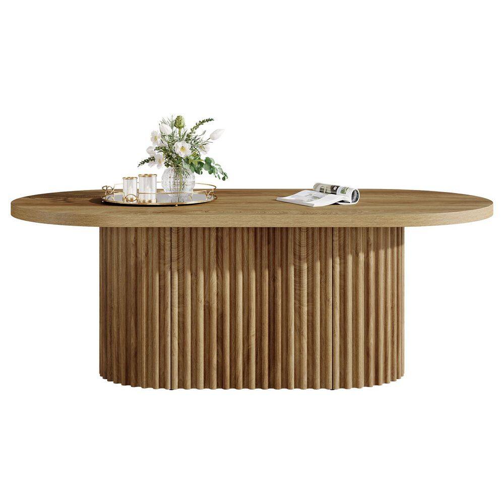 Allan 47.2 in. Brown Oval Wood Farmhouse Coffee Table Center Table with Fluted Design for Living Room, Office, Apartment
