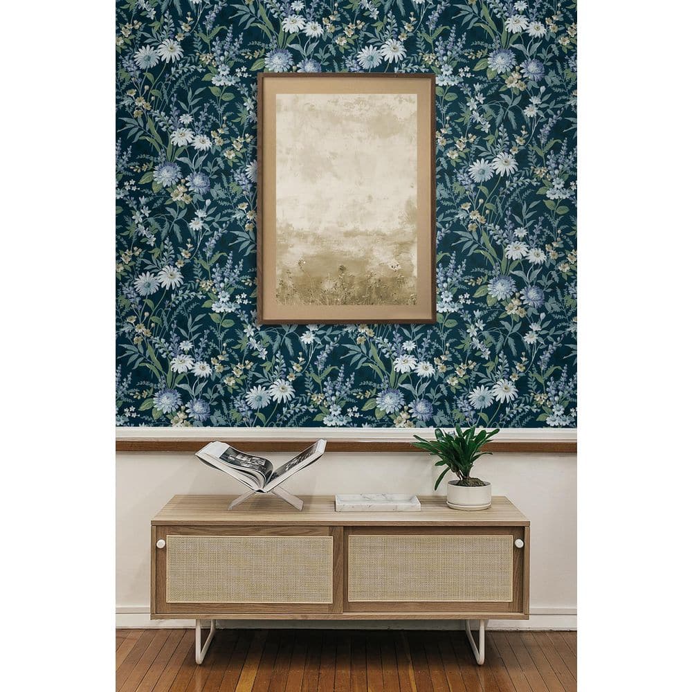 Teal and White Vinyl Floral Peel and Stick Wallpaper