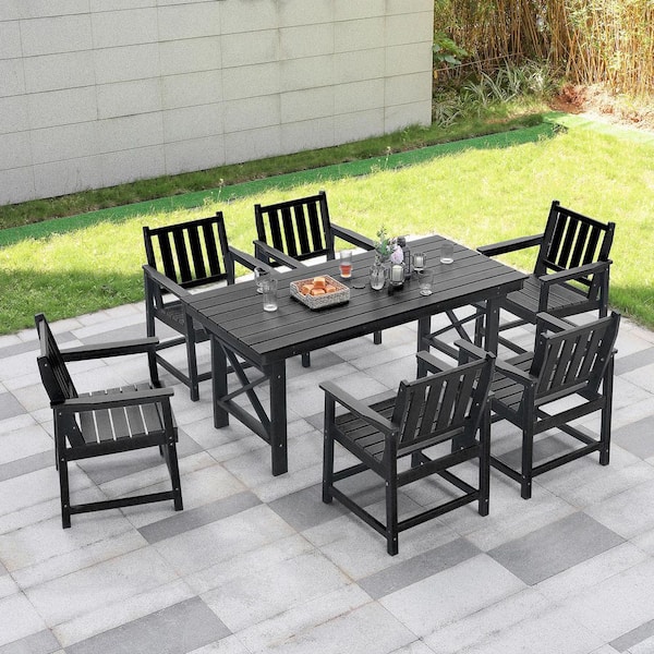 Navy Blue 7-Piece HDPE Plastic Patio Outdoor Dining Set with 6-Arm Chairs and Rectangular Table