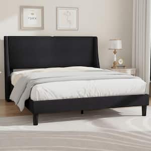 Upholstered Bed Frame with Headboard and Wingback, Dark Grey Queen Size Bed Frame Platform Bed with USB and Type-C Ports