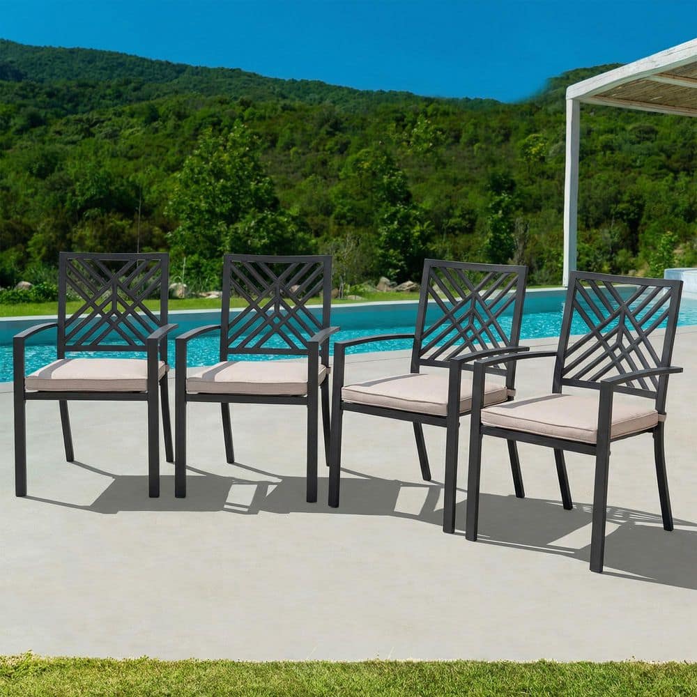 Patio Dining Chairs with Cushions, Iron Indoor/Outdoor Dining Chairs Patio Dining Set of 4 for Lawn, Beige price history on PriceWatchPro