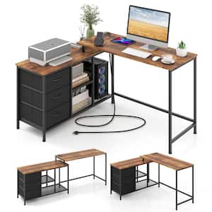 81 in. × 19 in. L-Shaped Brown 3-Drawer and Shelves Convertible Home Office Computer Desk with Charging Station