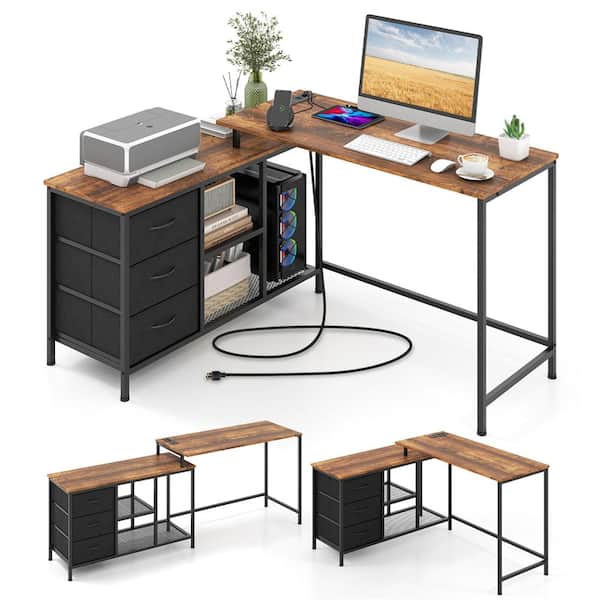 HONEY JOY 81 in. × 19 in. L-Shaped Brown 3-Drawer and Shelves Convertible Home Office Computer Desk with Charging Station