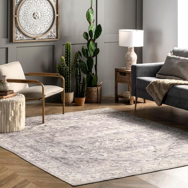 Brielle Machine Washable Vintage Medallion Gray 6 ft. x 9 ft. Area Rug