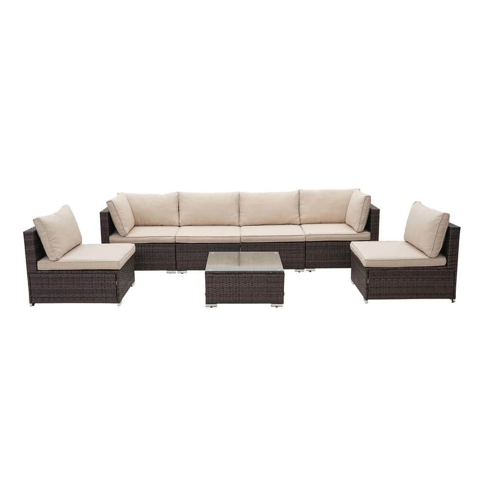Brown 7-Piece Wicker Outdoor Sectional Set Patio Woven Rattan Sofa Set with