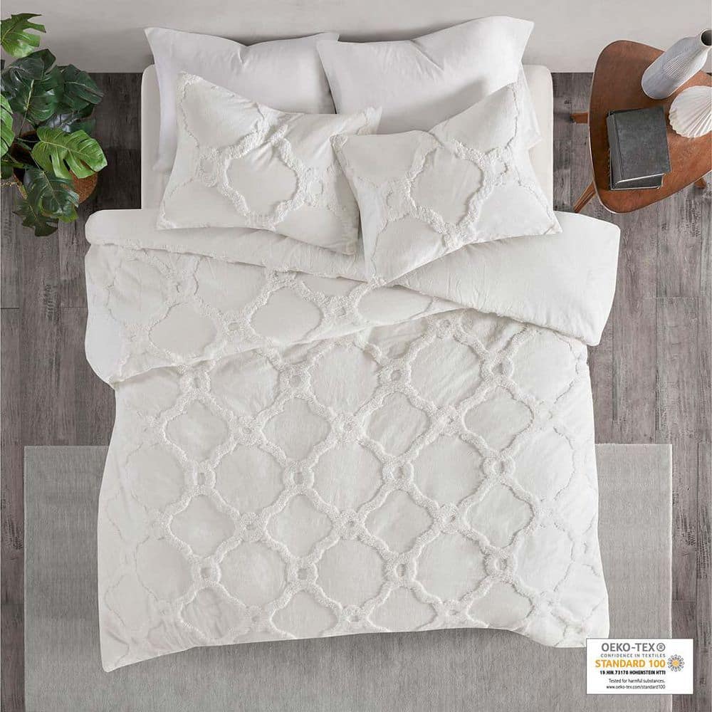 Full/Queen Off-White Cotton Chenille Duvet Cover Set