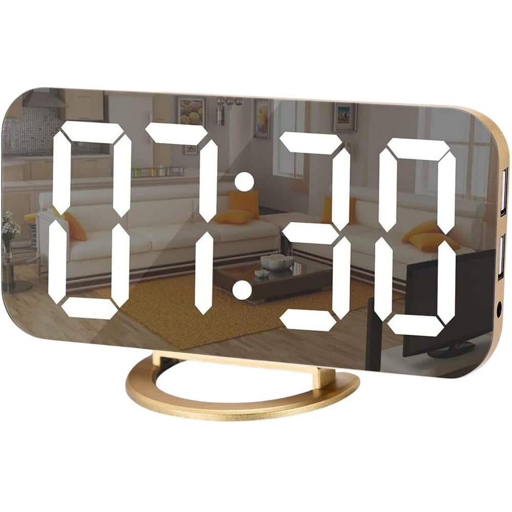 Gold Digital Alarm Desk Clock, LED and Mirror Surface, Modern Electronic Large Display with Dual USB Charger Ports -  Afoxsos, HDPH012IN266