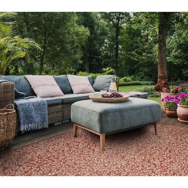 Courtyard Rust/Light Gray 5 ft. x 8 ft. Border Cheetah Indoor/Outdoor Area Rug