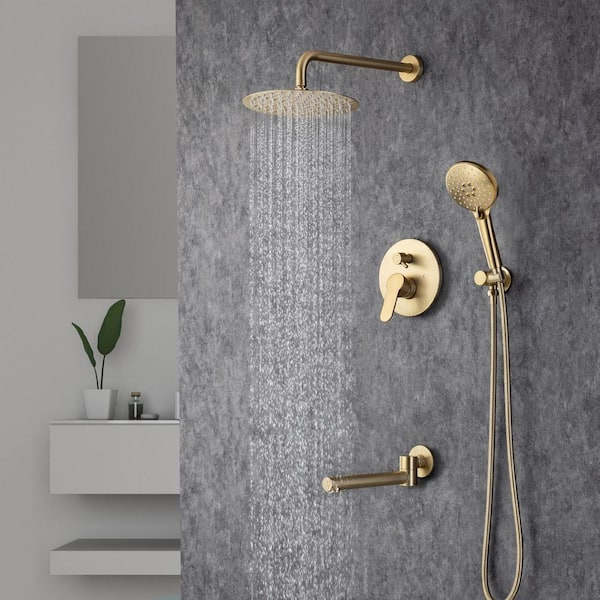 1-Handle 3-Spray Round High Pressure Shower Faucet with Tub Spout 10 in. Shower Head in Brushed Gold (Valve Included)