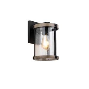 Collier 11.12 in. 1-Light Black and Gray Wood Outdoor Wall Lantern Light with Clear Seeded Glass