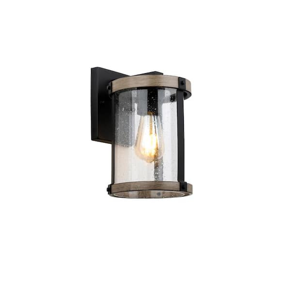 Hampton Bay Collier 11.12 in. 1-Light Black and Gray Wood Outdoor Wall Light Lantern with Clear Seeded Glass