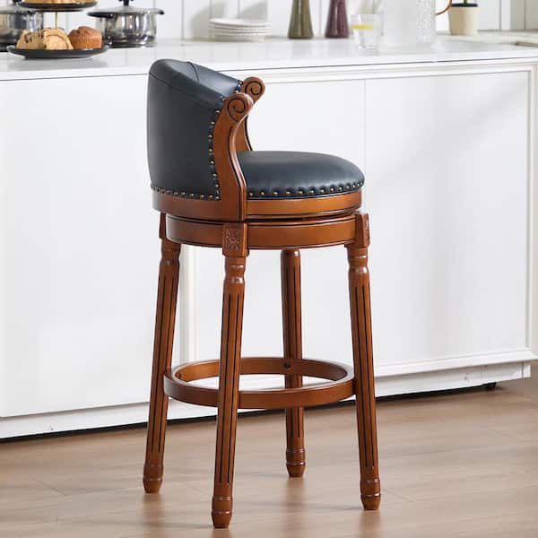 DENIM STOOL W45×D33×H46 38.5 in. H Dark Blue Low Back Wood Bar Stool with Cow top Leather