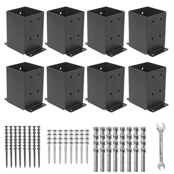 8-Pack 4 in. x 4 in. Black Metal Post Base, Deck Post Bracket, Post Anchor, Pergola Bracket, Fence Kit