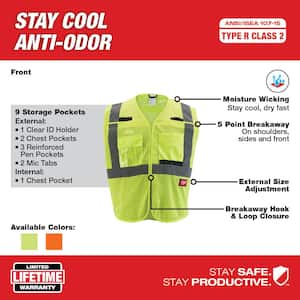 Large/X-Large Yellow Class 2 Breakaway Polyester Mesh High Visibility Safety Vest with 9-Pockets