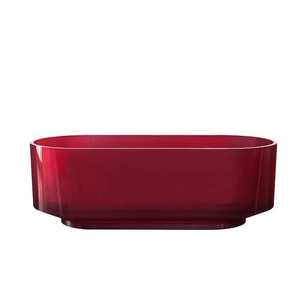 ANGELES HOME 67 in. x 29.5 in. Stone Resin Solid Surface Freestanding Soaking Bathtub with Center Drain in Clear Cherry Red